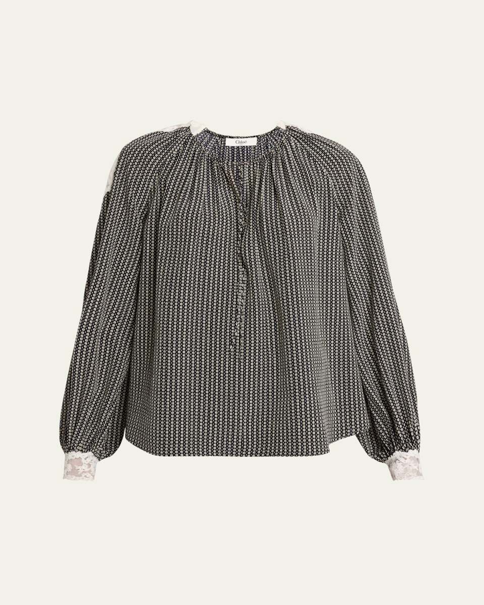 Micro Check Silk Long-Sleeve Blouse